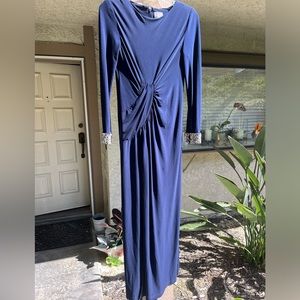 Vince Camuto Navy long gown,  front rouched, long sleeve with rhinestone cuff S2